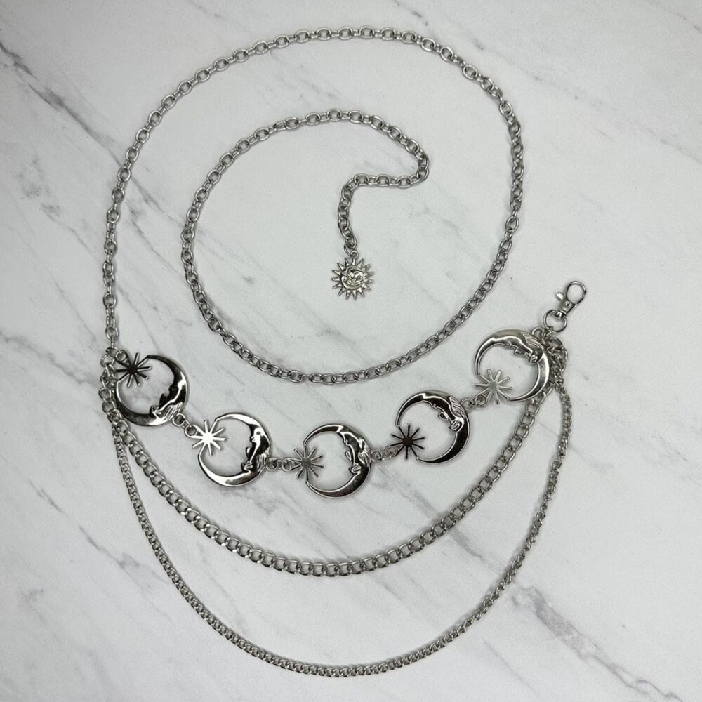Draped Moon Star Silver Tone Chain Link Belt One Size (OS) ✨